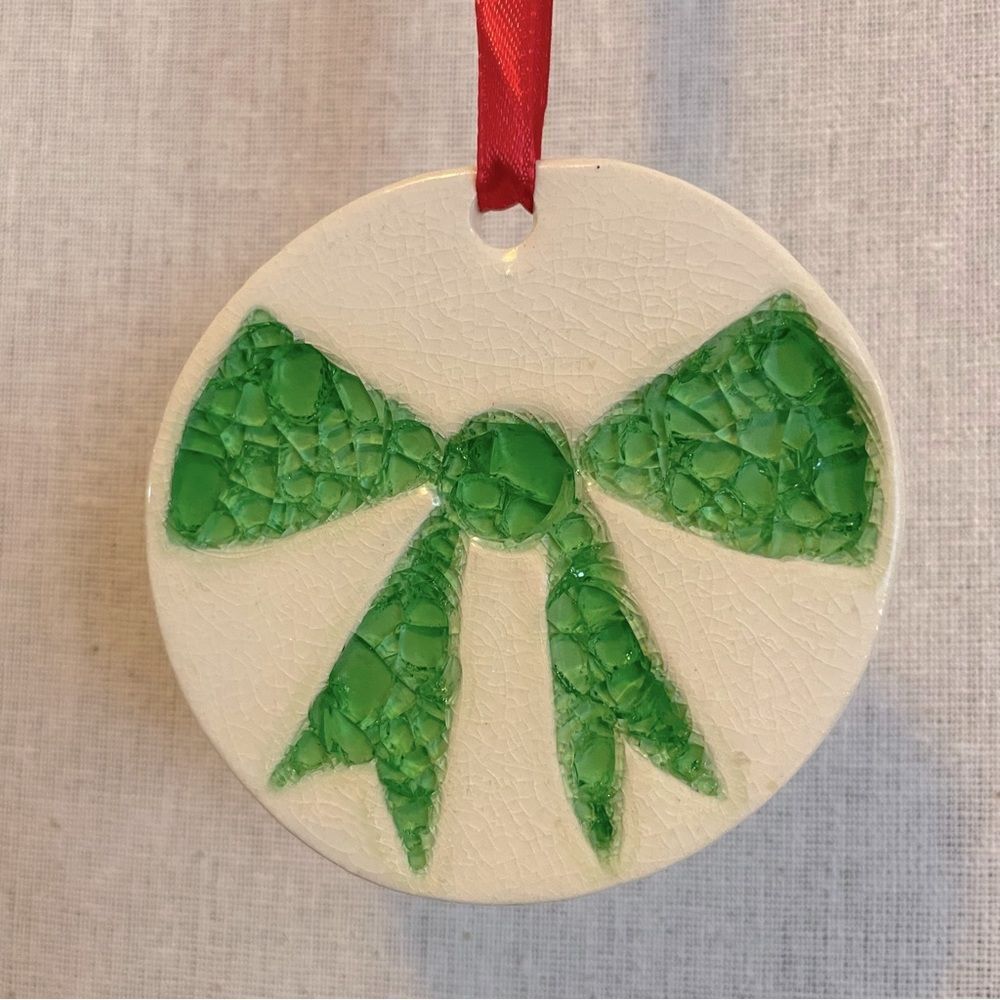 Christmas‎ Ornament green bow holidays present gift Ceramic Glass decorations